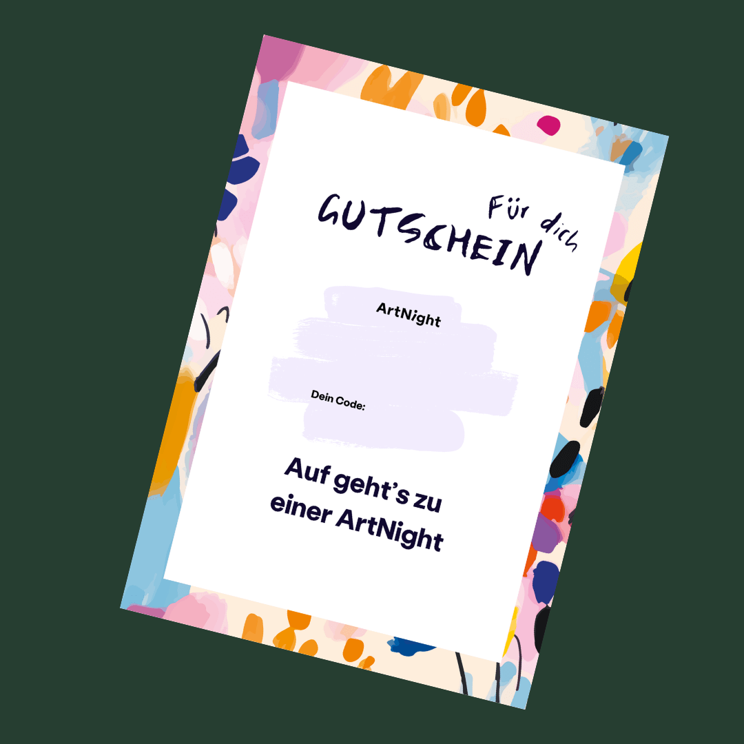 ArtNight Digitaler Gutschein Farbenfroher Geschenkgutschein mit abstraktem Blumenrand, mit auffälliger Schrift „GUTSCHEIN” und „ArtNight” in der Mitte.