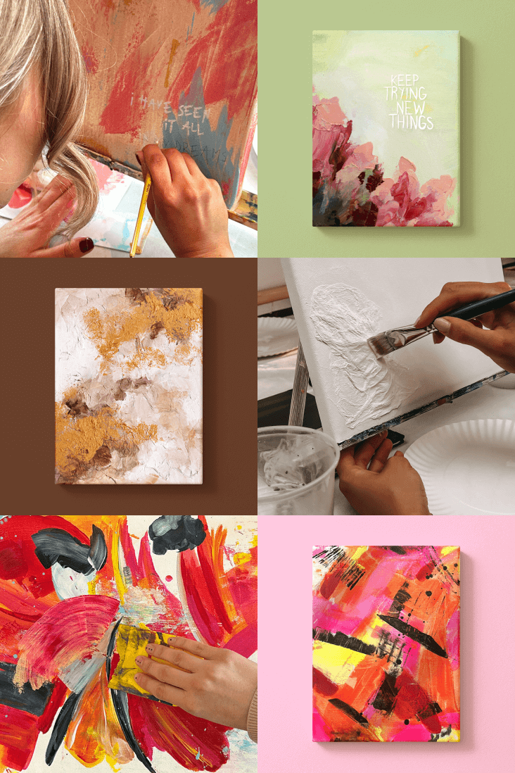 Abstrakt Malen Collage aus sechs Bildern, die abstrakte Gemälde in Arbeit zeigen, bei denen Künstler leuchtende Farben und Texturen auf Leinwände malen.