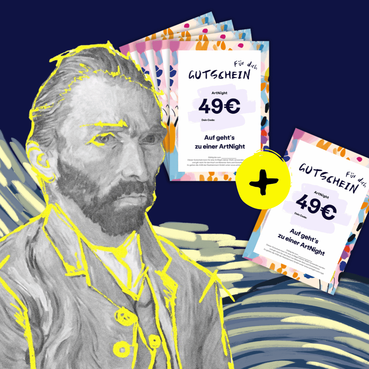 ein selbstporträt von vincent van gogh, mit artnight-geschenkgutscheinen im angebot. beim kauf von 5 geschenkgutscheinen erhalten sie ein kostenloses video zum malkurs van gogh