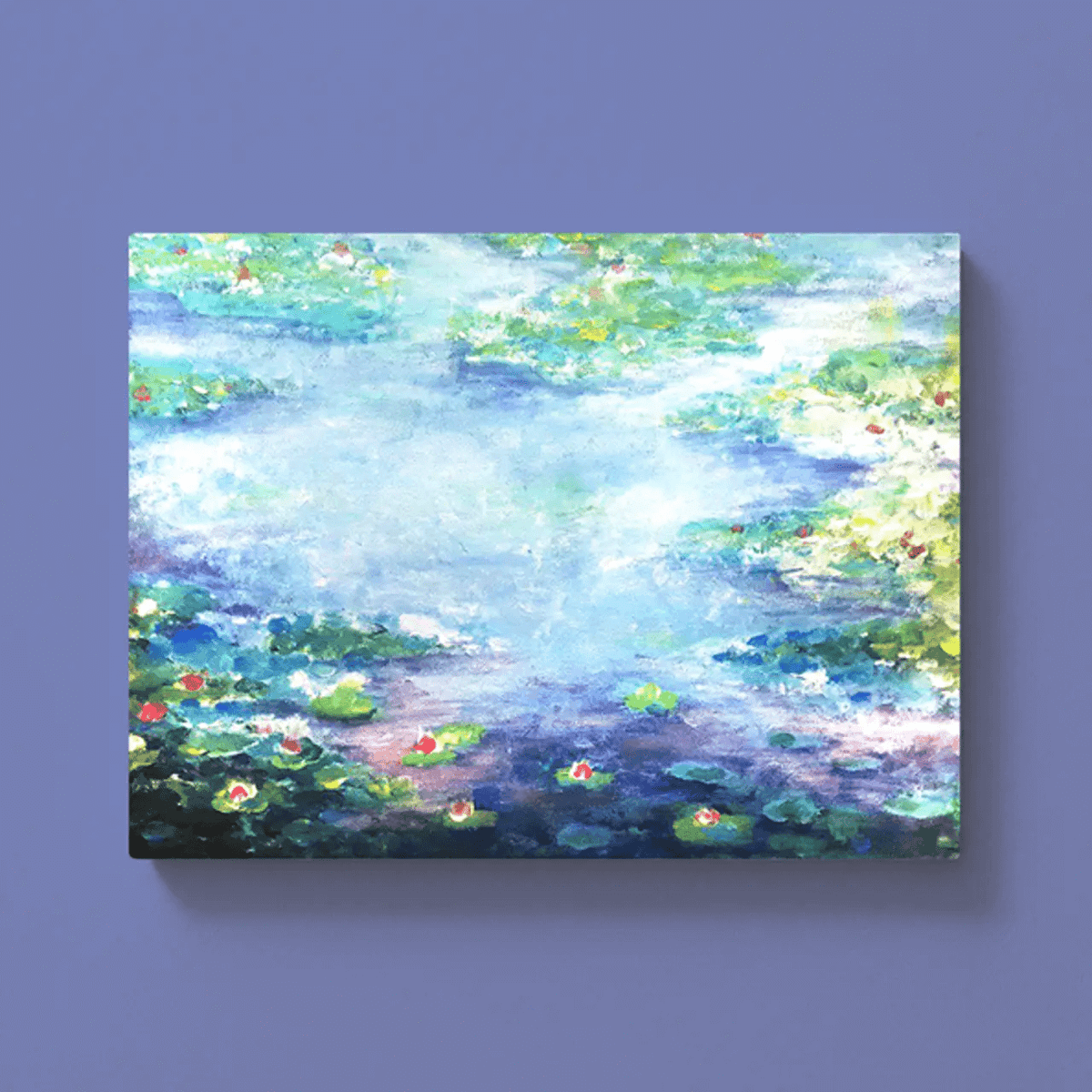 eine Leinwand mit der Darstellung von Seerosen, gemalt im Stil des französischen Malers Claude Monet