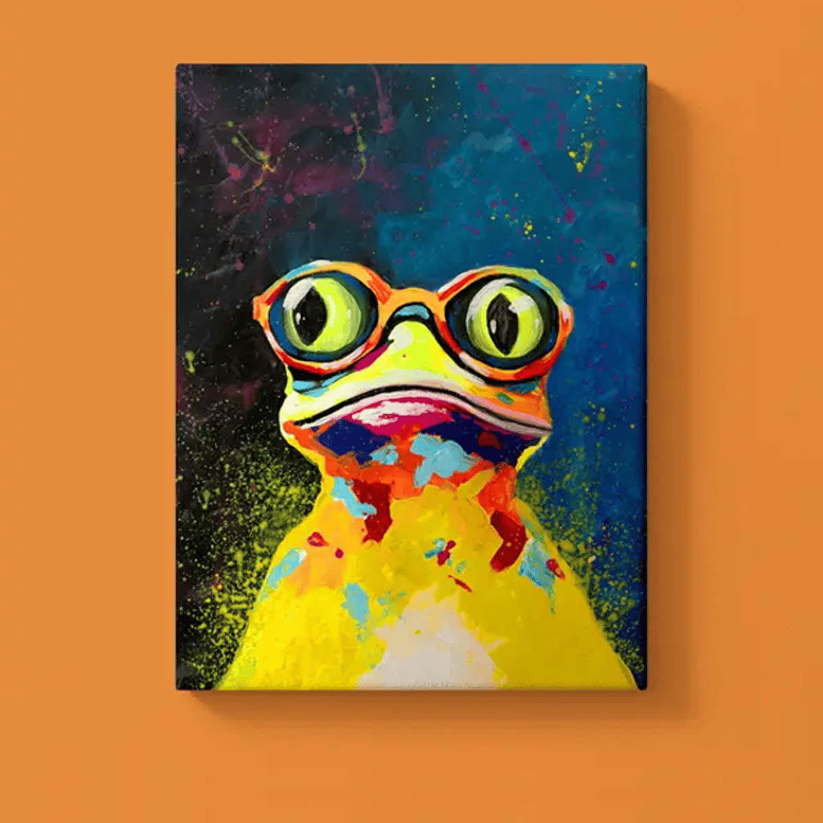 Eine Leinwand mit der Darstellung eines feinen Herren Frosches mit Brille