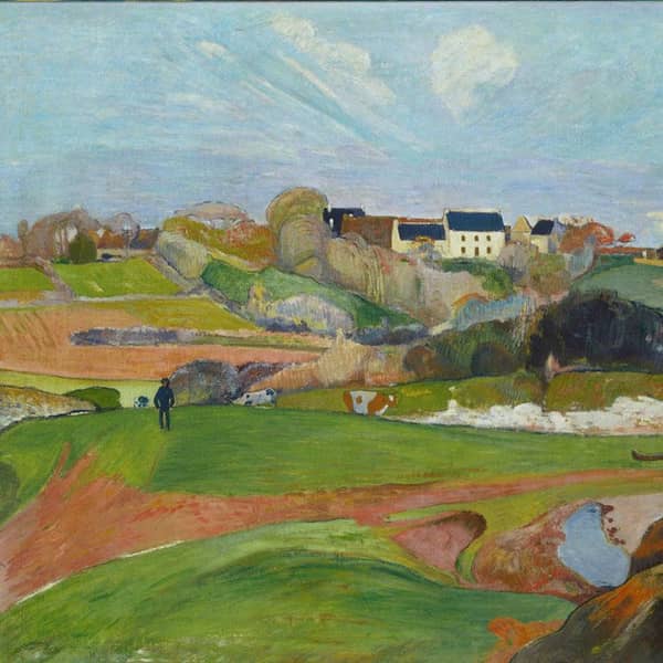 Gauguin Landschaftsbild mit grünen Wiesen und Kühen